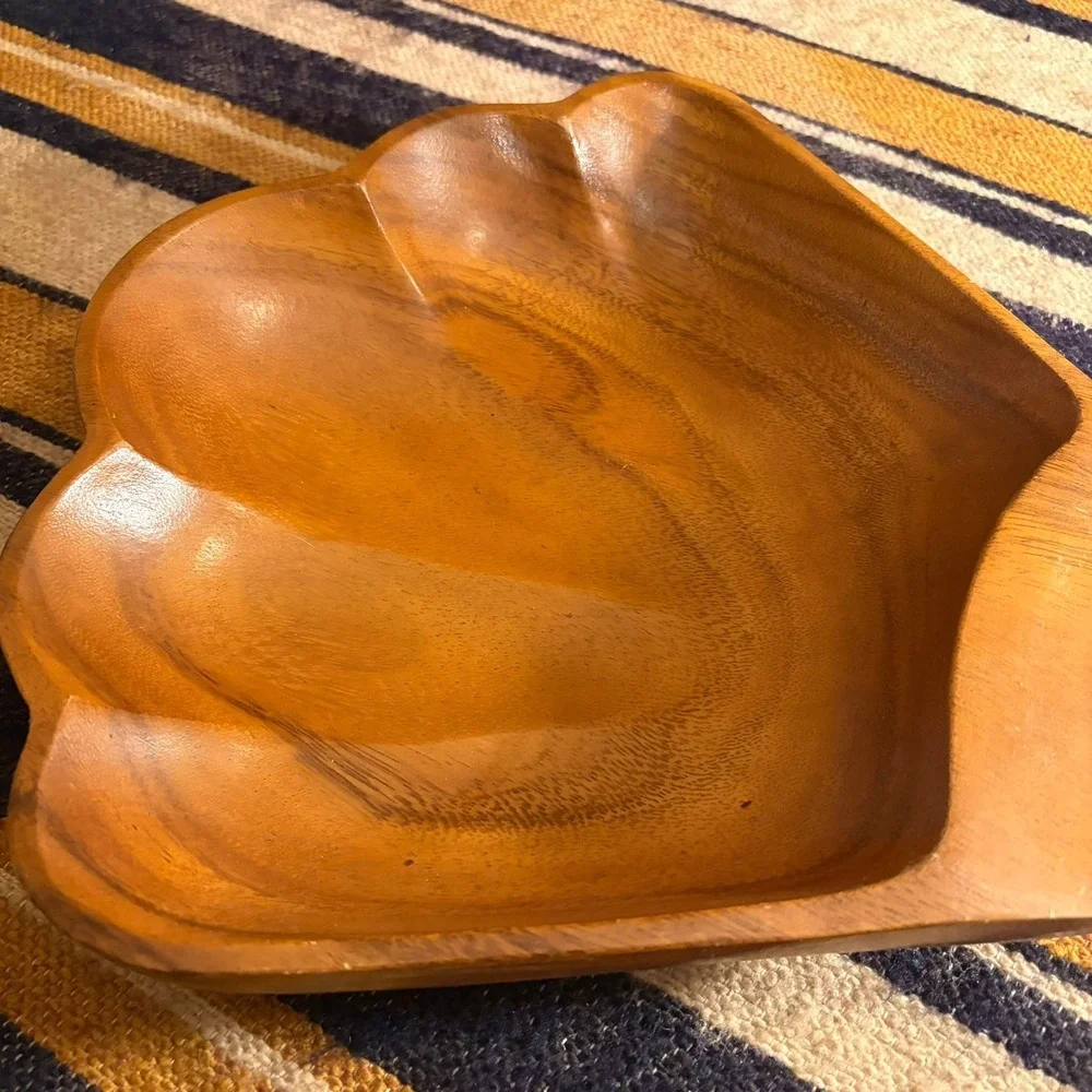 VTG Wood Shell Bowl 12in Brown MCM Tropical Tiki Coastal Serving Dish